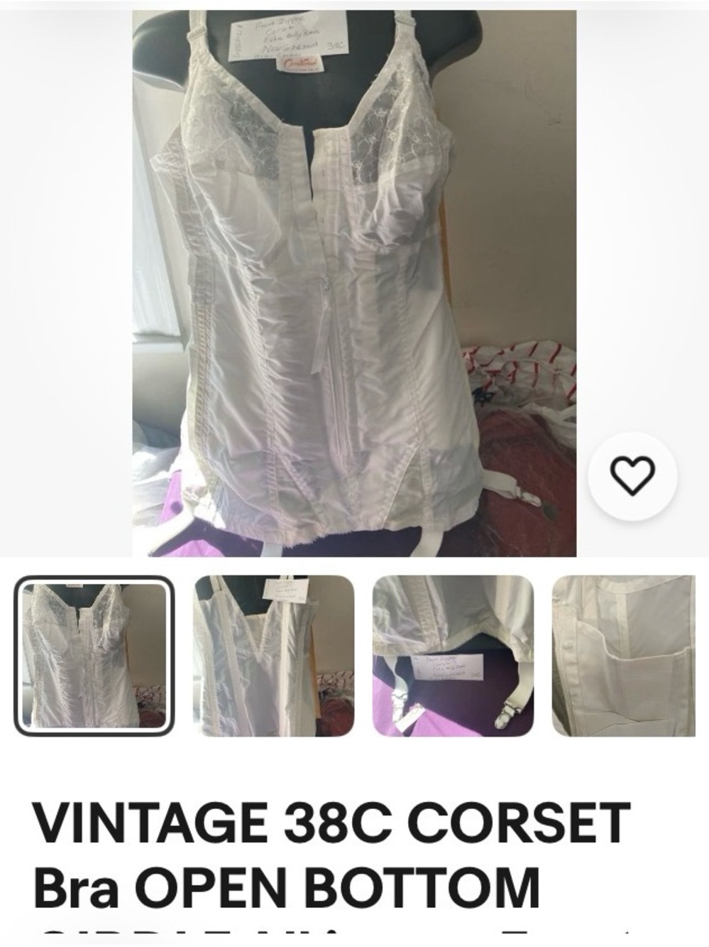 Vintage 38C White Corset Top with zipper bones Support metal garters